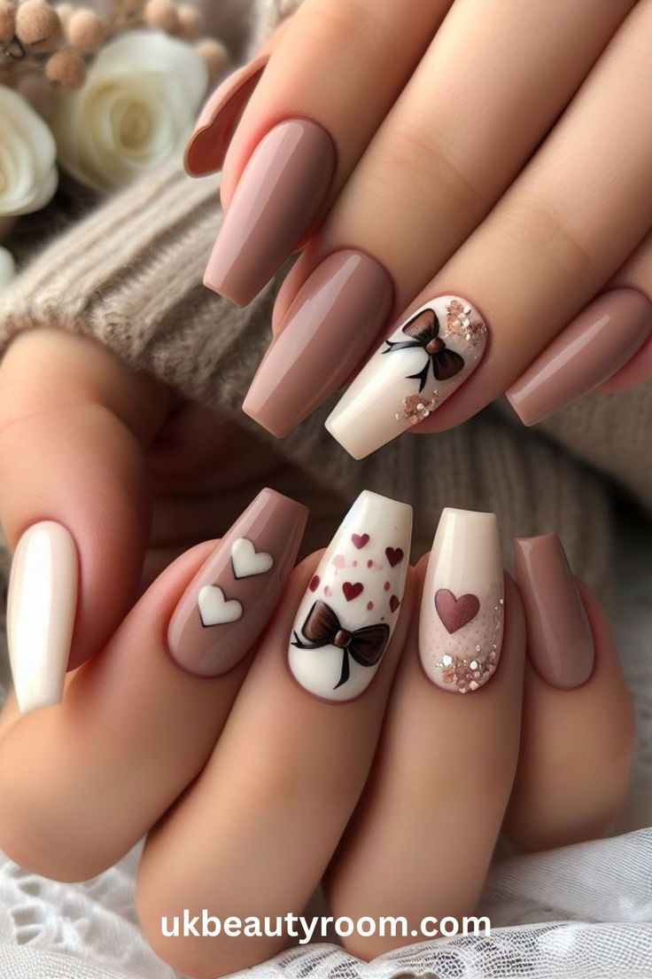 Charming Elegant Nail Design with Nude and Creamy White Tones, Heart and Bow Motifs, and Delicate Glitter Accents.