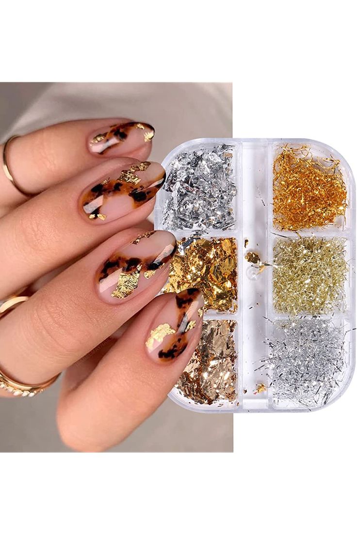 Elegant Tortoiseshell Nail Design with Metallic Foil Accents for a Classic-Contemporary Look.