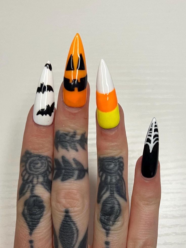 Vibrant Halloween Nail Design with Spooky Motifs and Eye-Catching Details.