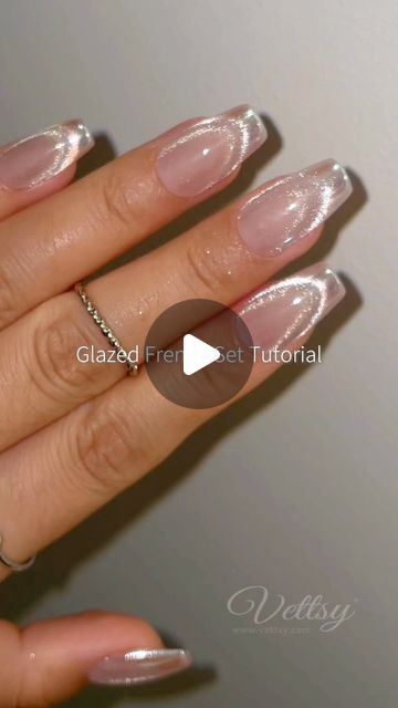 Elegant Glazed French Manicure: Sheer Pink Base with Pearlescent White Tips