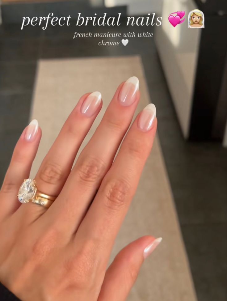 Sophisticated Bridal Nails: Classic French Manicure with White Chrome Tips.