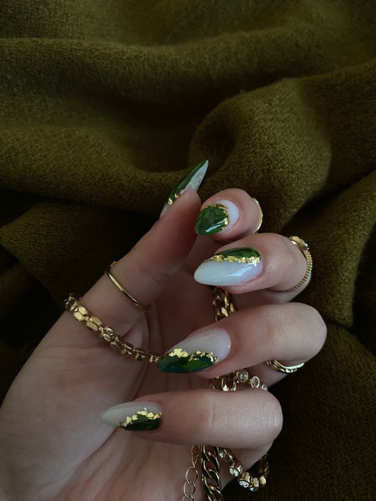 Chic Nail Design Merging Pastel and Vibrant Green with Glamorous Gold Foil Accents.