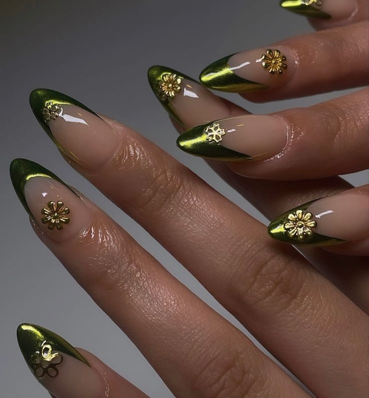 Elegant Green Ombre Nails with Glossy Finish and Gold Floral Accents