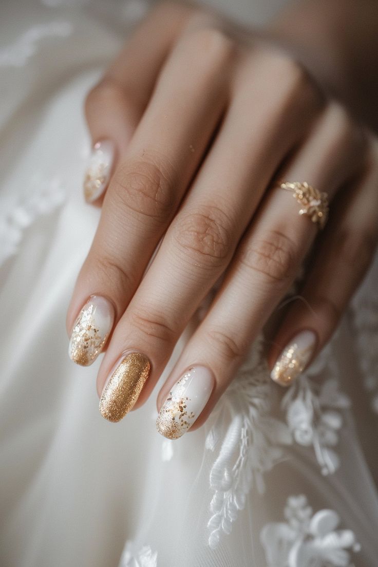 Chic Nude and Gold Nail Design for Special Occasions