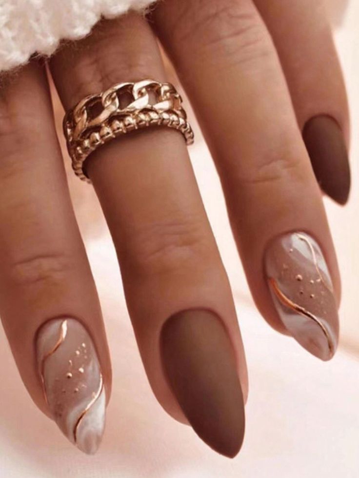 Elegant Earthy Chic Nail Design with Glossy Finishes and Gold Accents