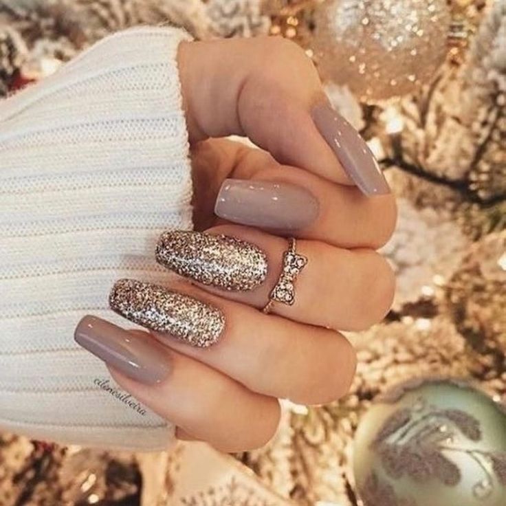 Chic Taupe and Shimmering Gold Nail Design for Festive Elegance.