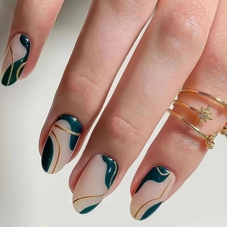 Elegant Abstract Nail Design with Flowing Earthy Tones and Gold Accents