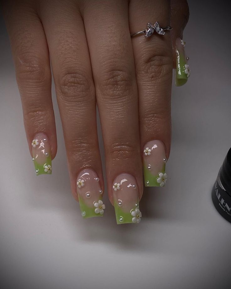 Delicate Ombre Floral Nail Design for a Whimsical Spring and Summer Look.