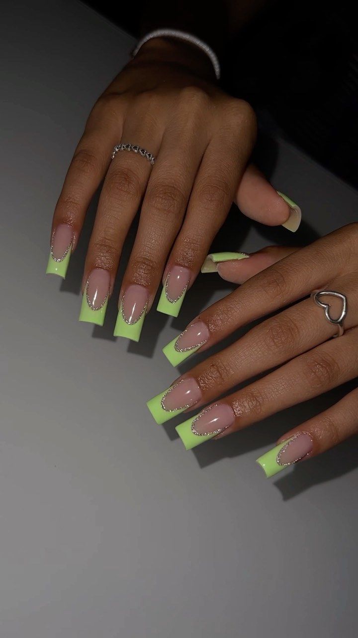 Vibrant Long Square Nail Design with Neon Green Accents and Silver Embellishments