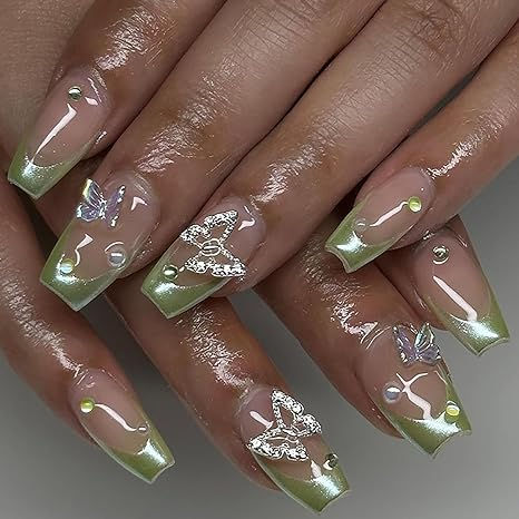 Chic Ombre Nail Design with Butterfly Embellishments and Pearls