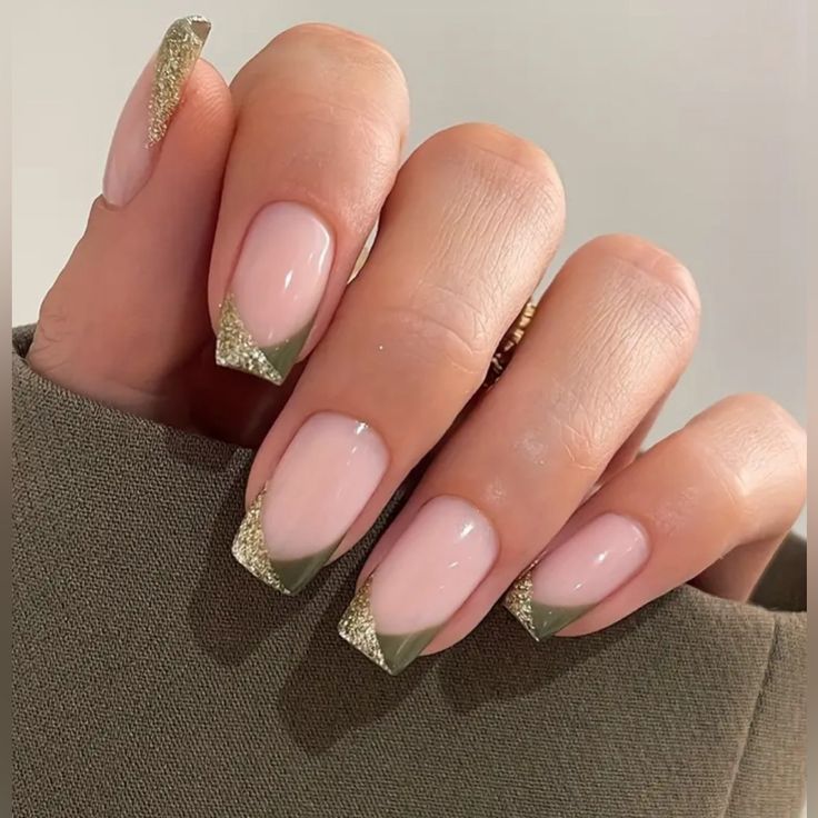 Chic Pastel Pink and Muted Green Nail Design with Glamorous Gold Accents.