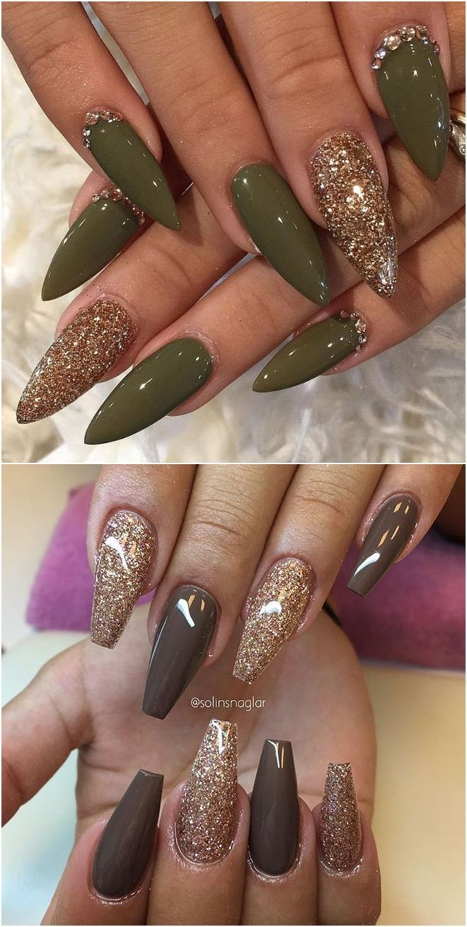 Chic Nail Designs: Matte Olive Green with Glitter Accents and Stylish Brown Base