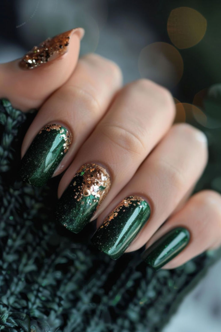 Glamorous Gradient Green Nail Design with Gold Glitter Accents for Festive Celebrations.