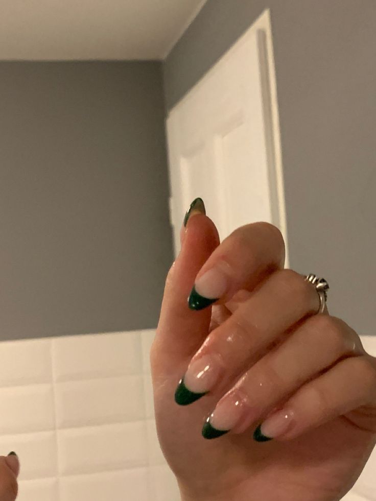 Chic Twist on French Tips: Bold Deep Green Accents on Nude Base