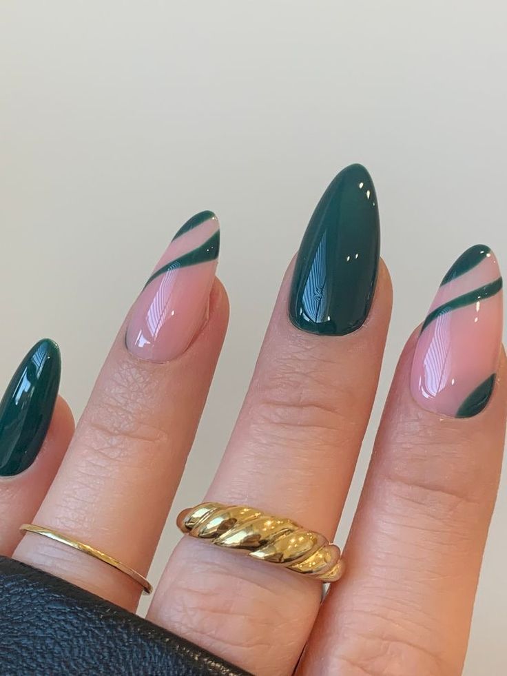 Chic Geometric Nail Design: Bold Deep Green Meets Soft Pink Elegance.