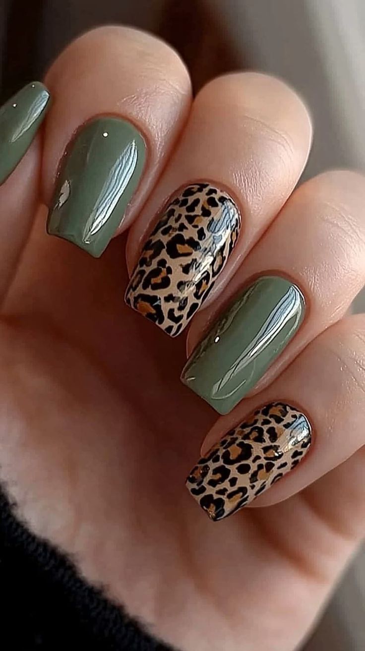 Green Nails With Leopard Print