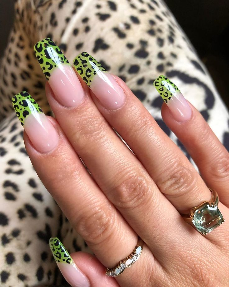 Bold Neon Green Leopard Print Nail Design on Soft Nude Base.