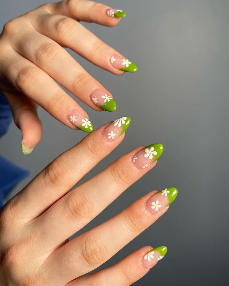 Fresh and Playful Vibrant Green Nail Design with Elegant Floral Accents.