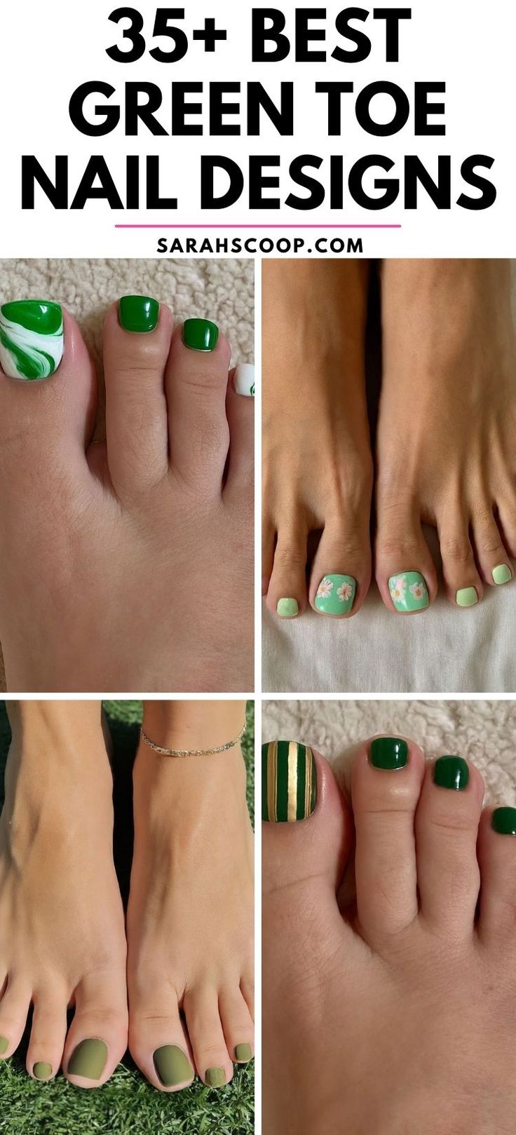 Vibrant Green Toenail Designs: Playful Summer Styles with Chic Patterns and Embellishments.