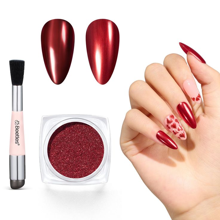 Chic Vibrant Red Nail Design with Glossy and Glittery Finishes and Versatile Application Tool.