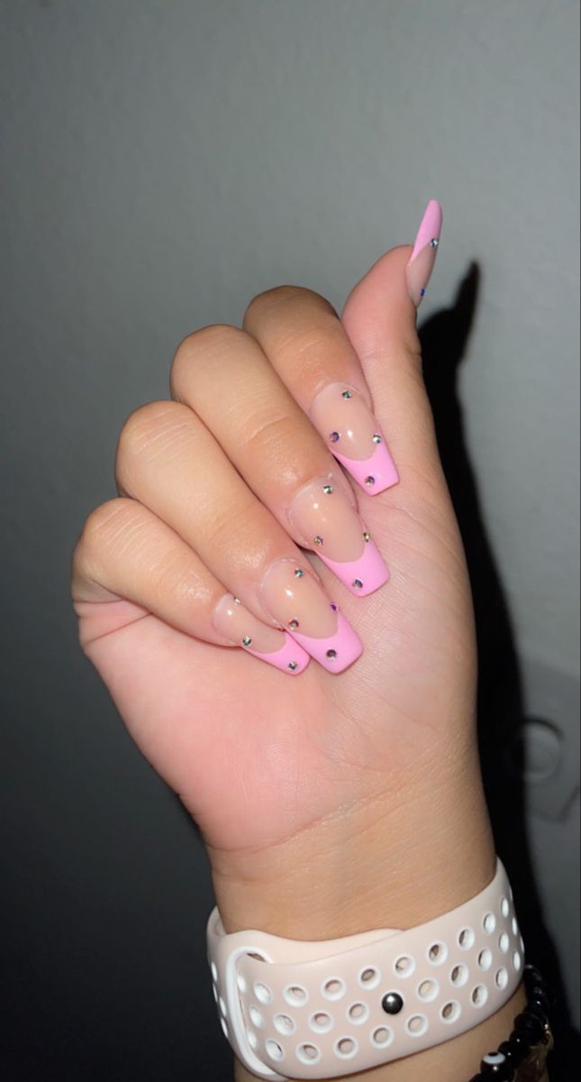 Chic French Tip Nail Design with Soft Pink, Rhinestones, and Modern Matte-Gloss Finish.