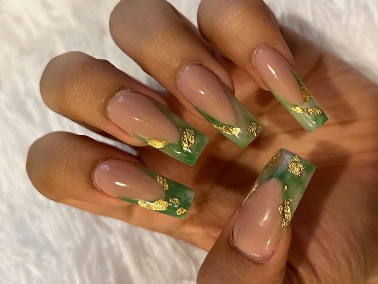 Elegant Tapered Square Nail Design with Soft Pink, Gradient Green Tips, and Gold Flakes