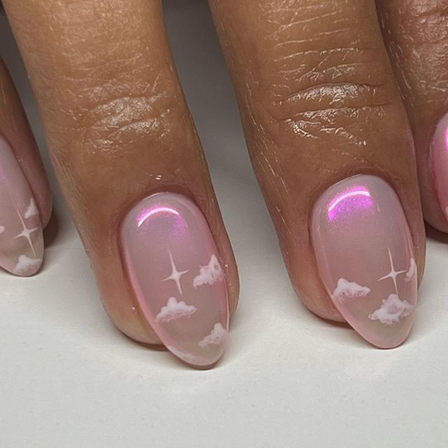 Ethereal Dreamy Cloud Nail Design with Soft Pink Gradient and Starlit Accents.