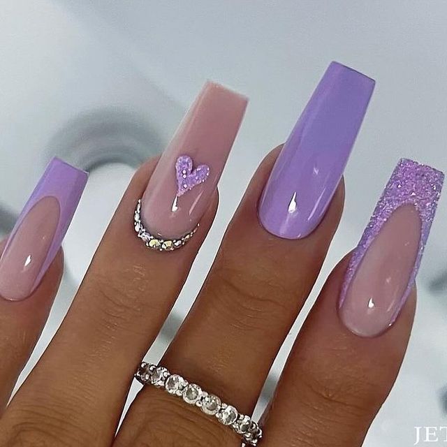 Chic Colorful Nail Design with Sparkling Heart and Elegant Silver Accents