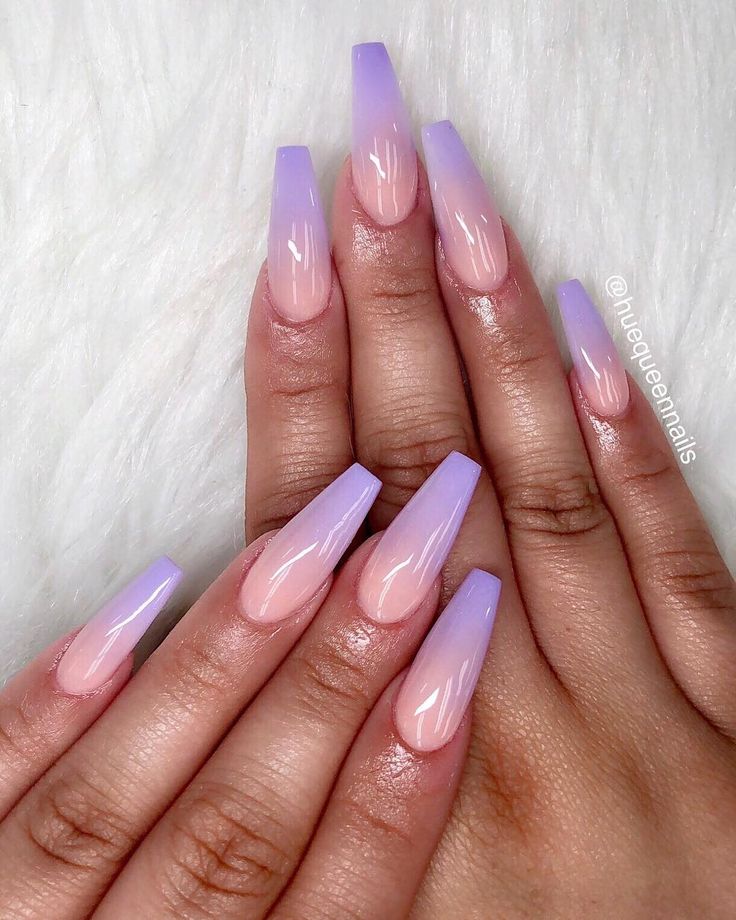 Stunning Ombre Nail Design: Soft Lavender to Sheer Pink Gradient with a Glossy Finish.