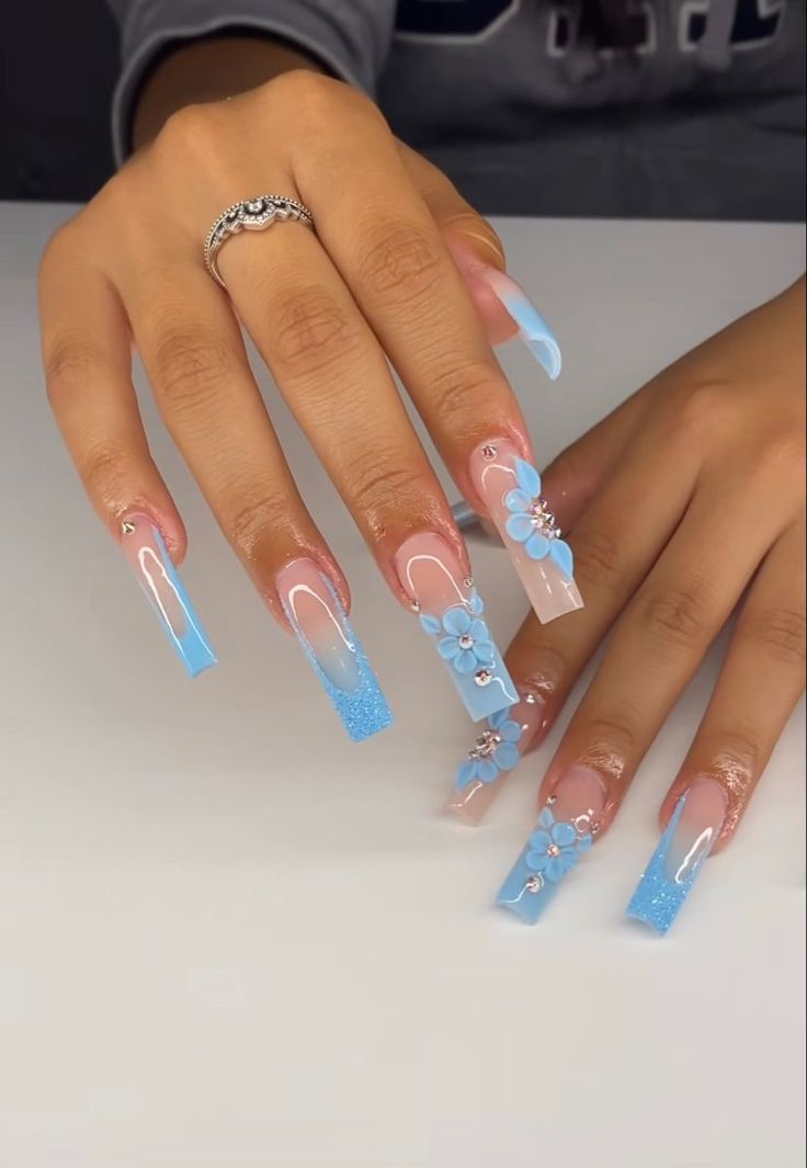 Light Blue Acrylic Nails With Diamonds