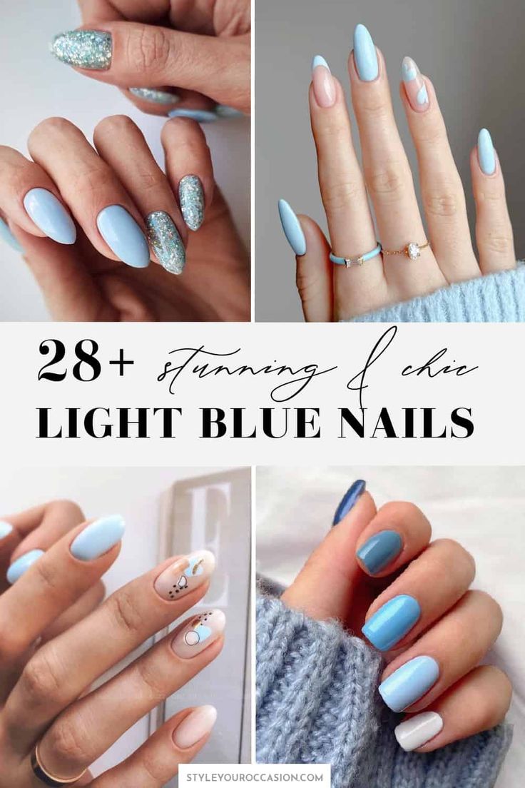 Chic and Elegant Light Blue Nail Designs: A Blend of Solid Shades and Glitter Accents for Unique Individuality.