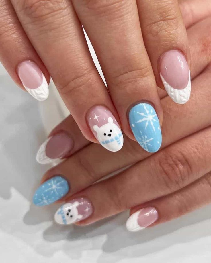 Whimsical Winter Nail Design with Pastel Colors and Festive Accents