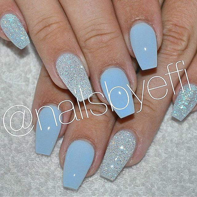 Elegant Pastel Blue Nails with Matte and Glitter Finishes for a Dreamy Look