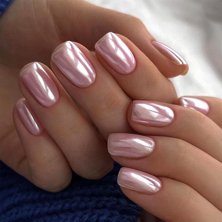 Elegant Glossy Pink-Nude Nails with Iridescent Finish for Any Occasion