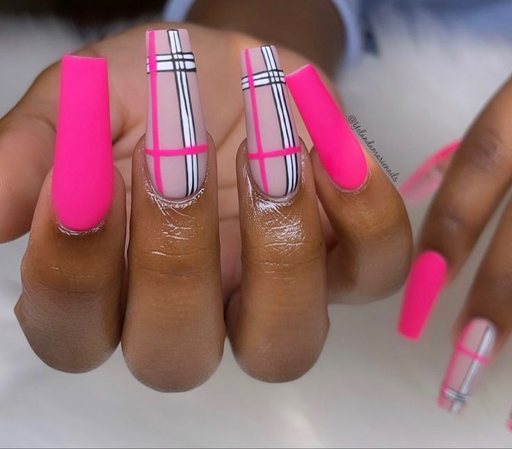 Chic Vibrant Pink Nail Design with Matte-Gloss Finish and Geometric Patterns.