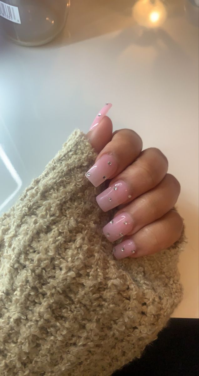 Chic Elegant Nail Design: Soft Pink Base with Delicate Silver Rhinestones