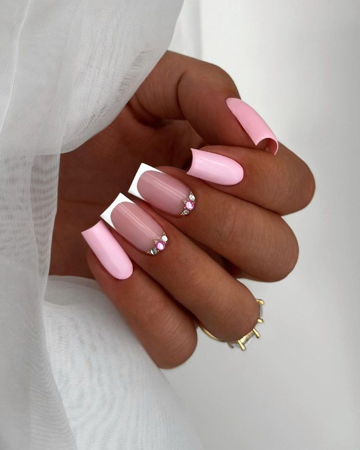 Sophisticated Soft Pink Nail Design with Matte, Glossy Finishes and Rhinestone Accents.