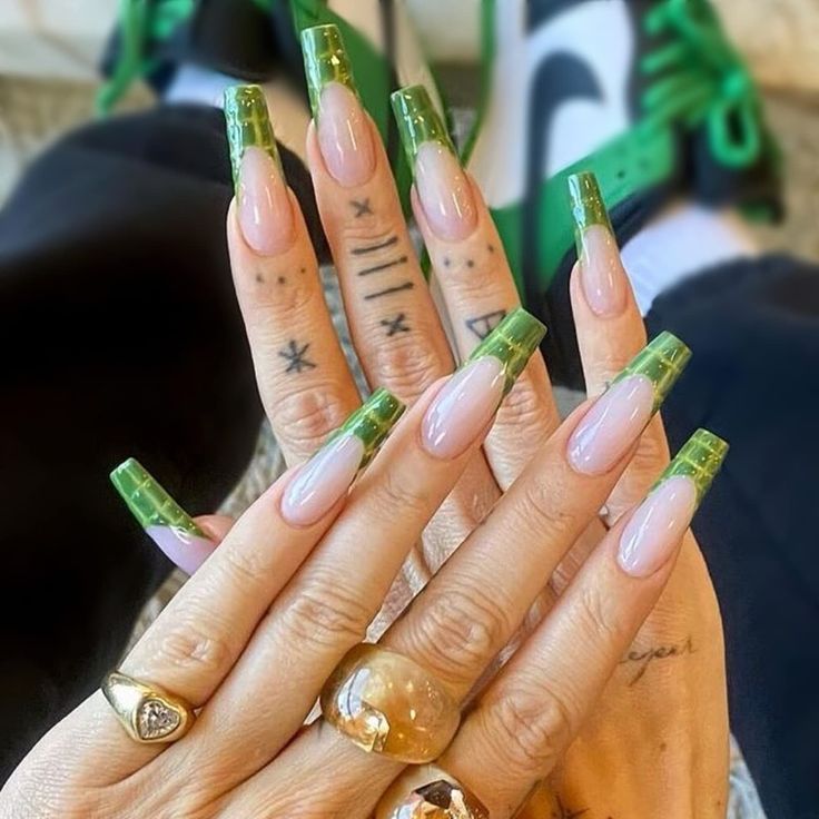 Lime Green Nails With Flowers