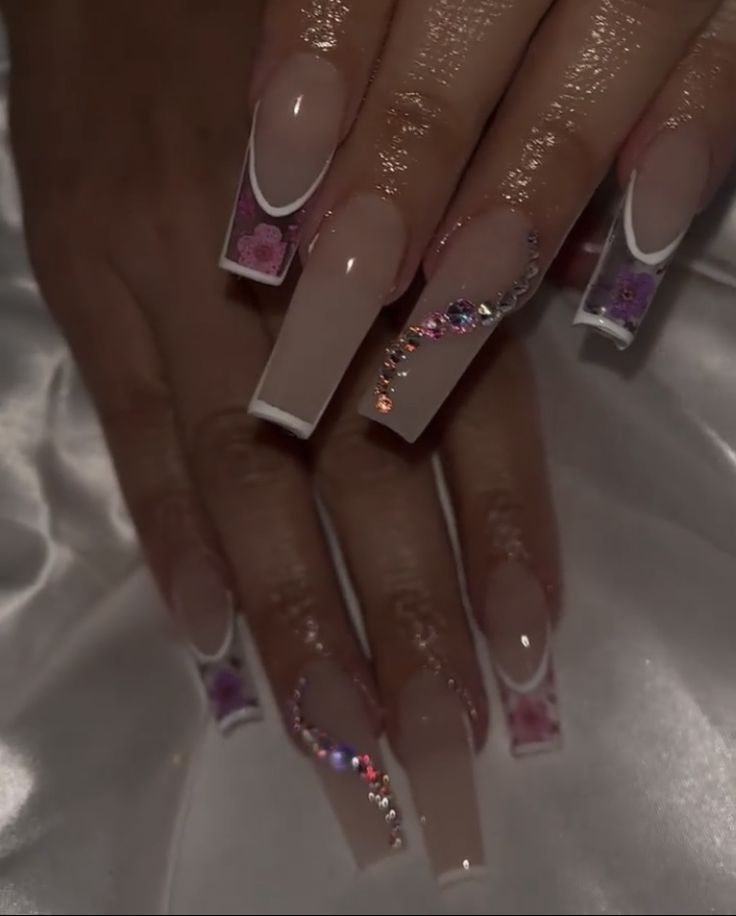 Glamorous Floral Nail Design with Long Square Tips and Sparkling Rhinestones