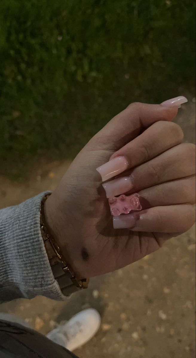 Chic Soft Pink Square Nail Design with Playful 3D Jelly Accent.