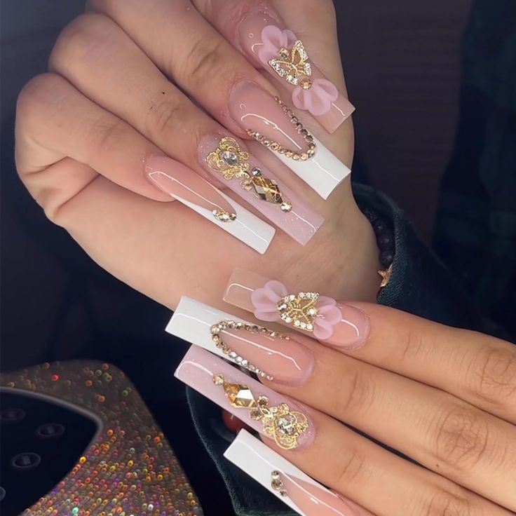 Chic Glamour: Elongated Acrylic Nail Design with Gold Embellishments and Pastel Accents