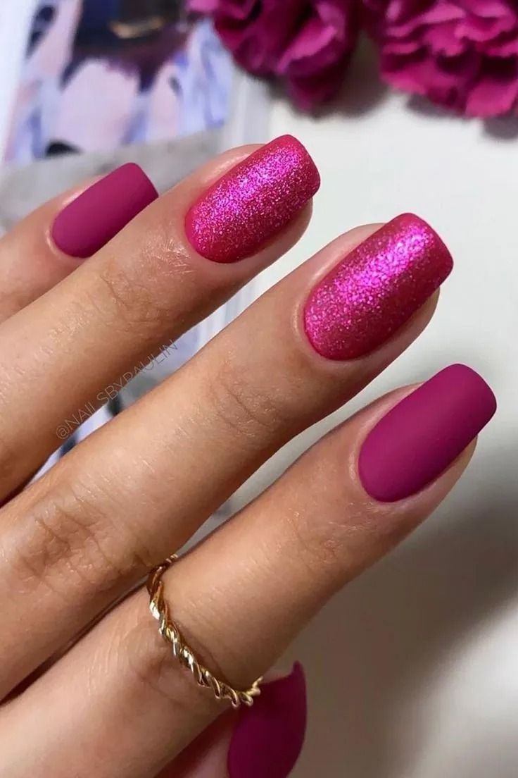 Chic Pink Nail Design: Matte and Glitter Finishes for an Elegant, Eye-Catching Manicure.