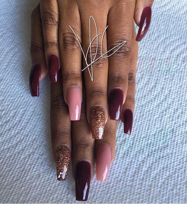 Sophisticated Nail Design: Deep Burgundy and Pink with Glamorous Gold Glitter Accent