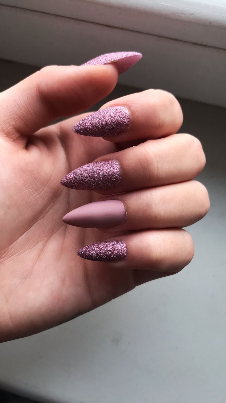 Sophisticated Pink Stiletto Nails with Matched Matte and Glitter Finishes.