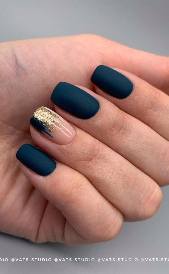 Chic Nail Design: Deep Matte Blue with Gold Glitter Accent