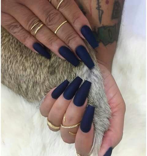 Chic Matte Navy Nail Design with Elegant Long Tips and Delicate Gold Accents.