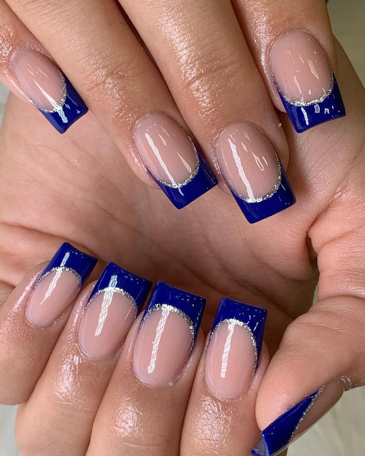 Sophisticated Bold Blue-Tipped Manicure with Elegant Silver Accents