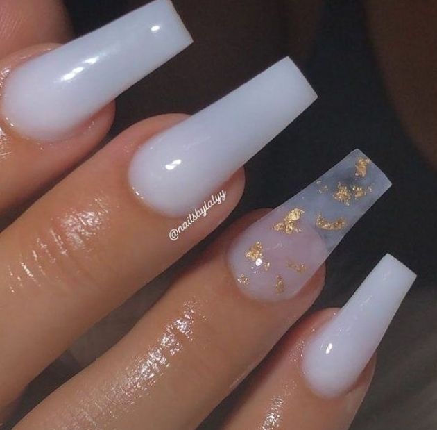 Chic Nail Design: Translucent Tips with Glamorous Marble and Gold Flakes