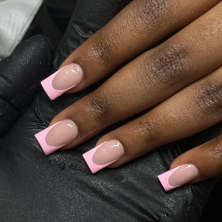 Chic Pink and Nude Nail Design with Square Tips and Delicate Edging for Any Occasion