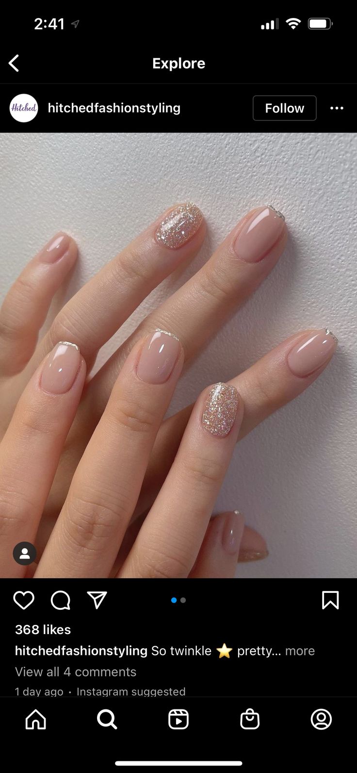 Charming Soft Nude Manicure with Sparkling Accents and Delicate White Tips